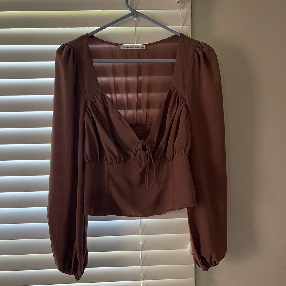 Abercrombie & Fitch Long-Sleeve Ruched Tie-Front Top, Brown, Medium
